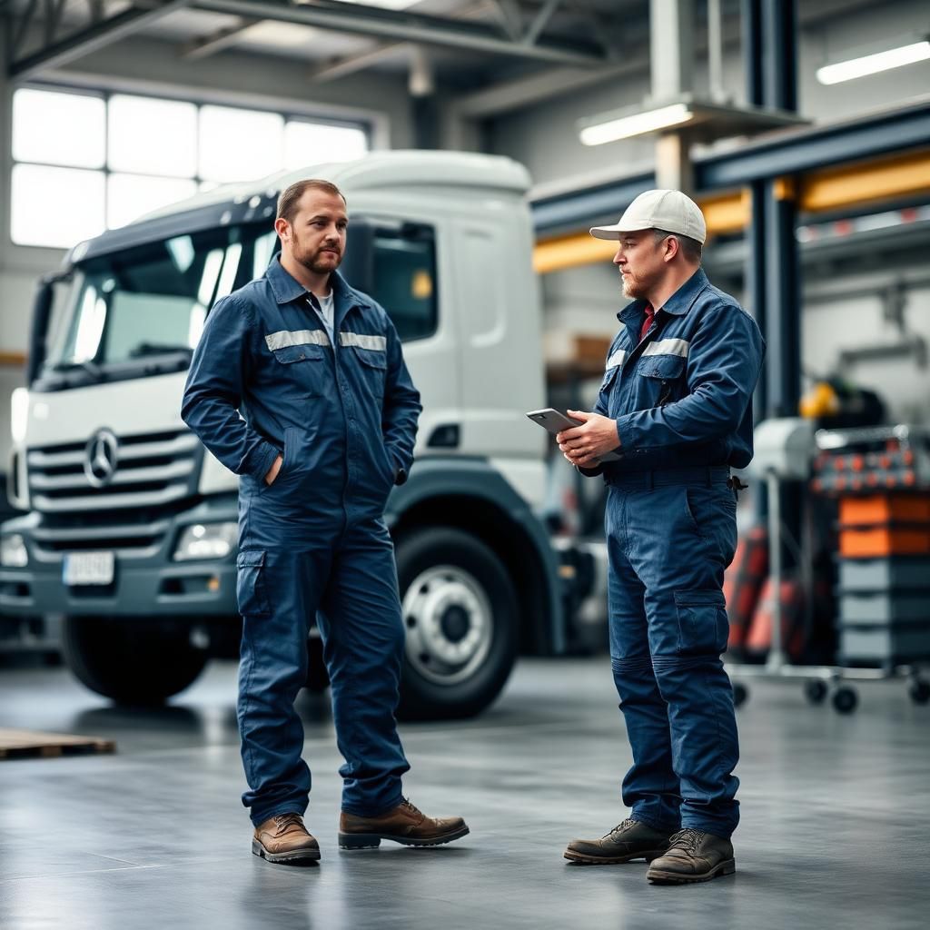 Två arbetare som diskuterar på däckverkstad